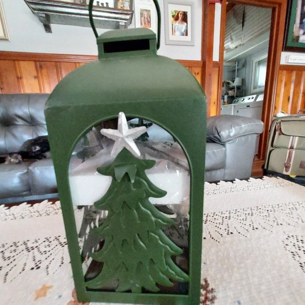 Green Metal and Glass Christmas Lantern